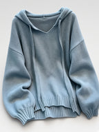 Women's Oversized Knitted Hooded Jumper with Drawstrings and Balloon Sleeves in Military Blue – Flat Lay