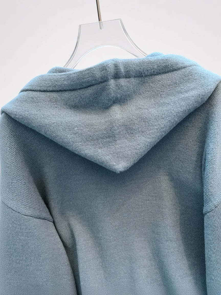 Women's Oversized Knitted Hooded Jumper with Drawstrings and Balloon Sleeves in Military Blue – Detail