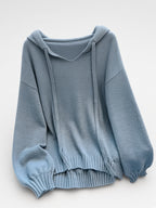 Women's Oversized Knitted Hooded Jumper with Drawstrings and Balloon Sleeves in Military Blue – Flat Lay