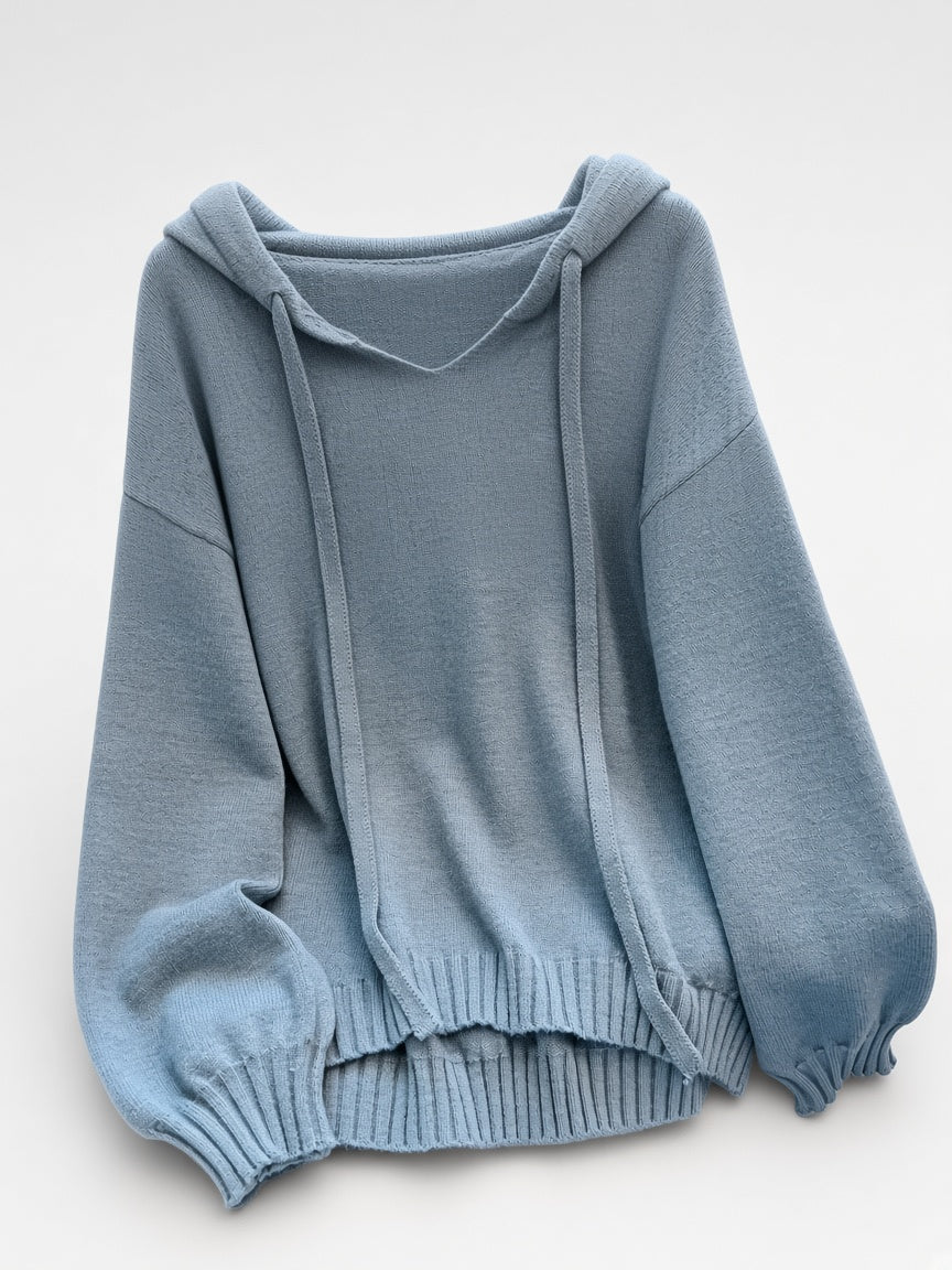 Women's Oversized Knitted Hooded Jumper with Drawstrings and Balloon Sleeves in Military Blue – Flat Lay