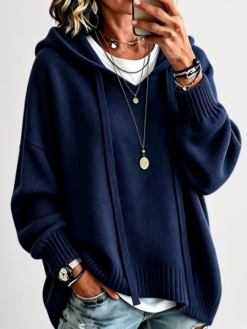 Women's Oversized Knitted Hooded Jumper with Drawstrings and Balloon Sleeves in Navy – Front View