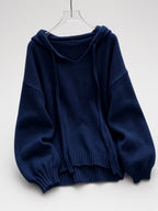Women's Oversized Knitted Hooded Jumper with Drawstrings and Balloon Sleeves in Navy – Flat Lay