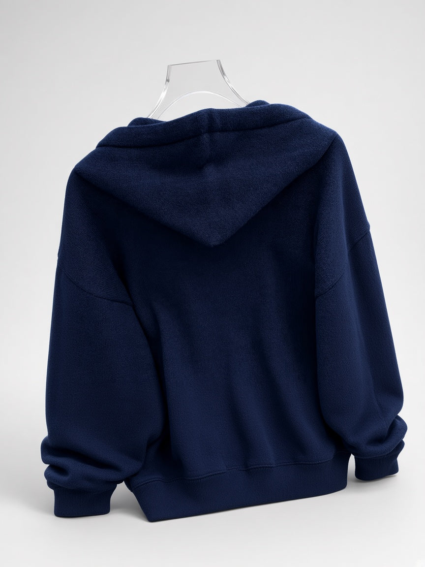 Women's Oversized Knitted Hooded Jumper with Drawstrings and Balloon Sleeves in Navy – Back View