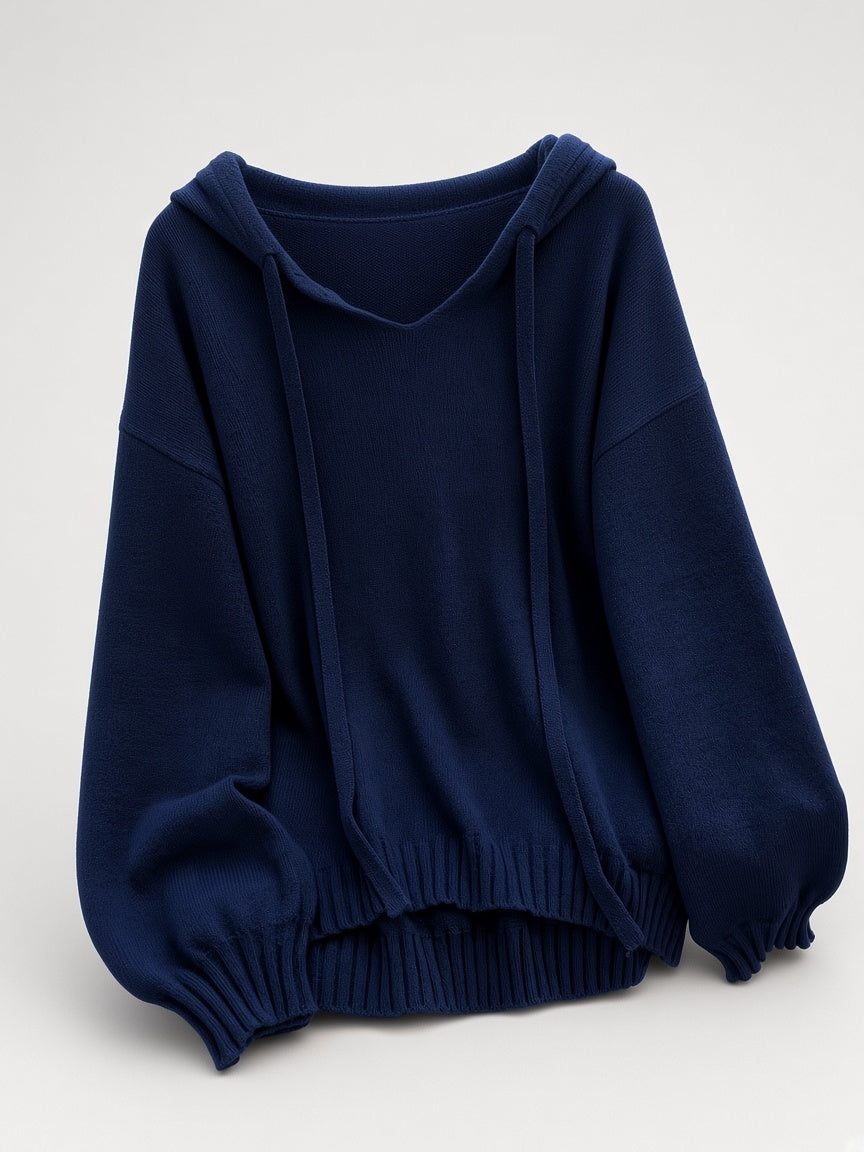 Women's Oversized Knitted Hooded Jumper with Drawstrings and Balloon Sleeves in Navy – Flat Lay