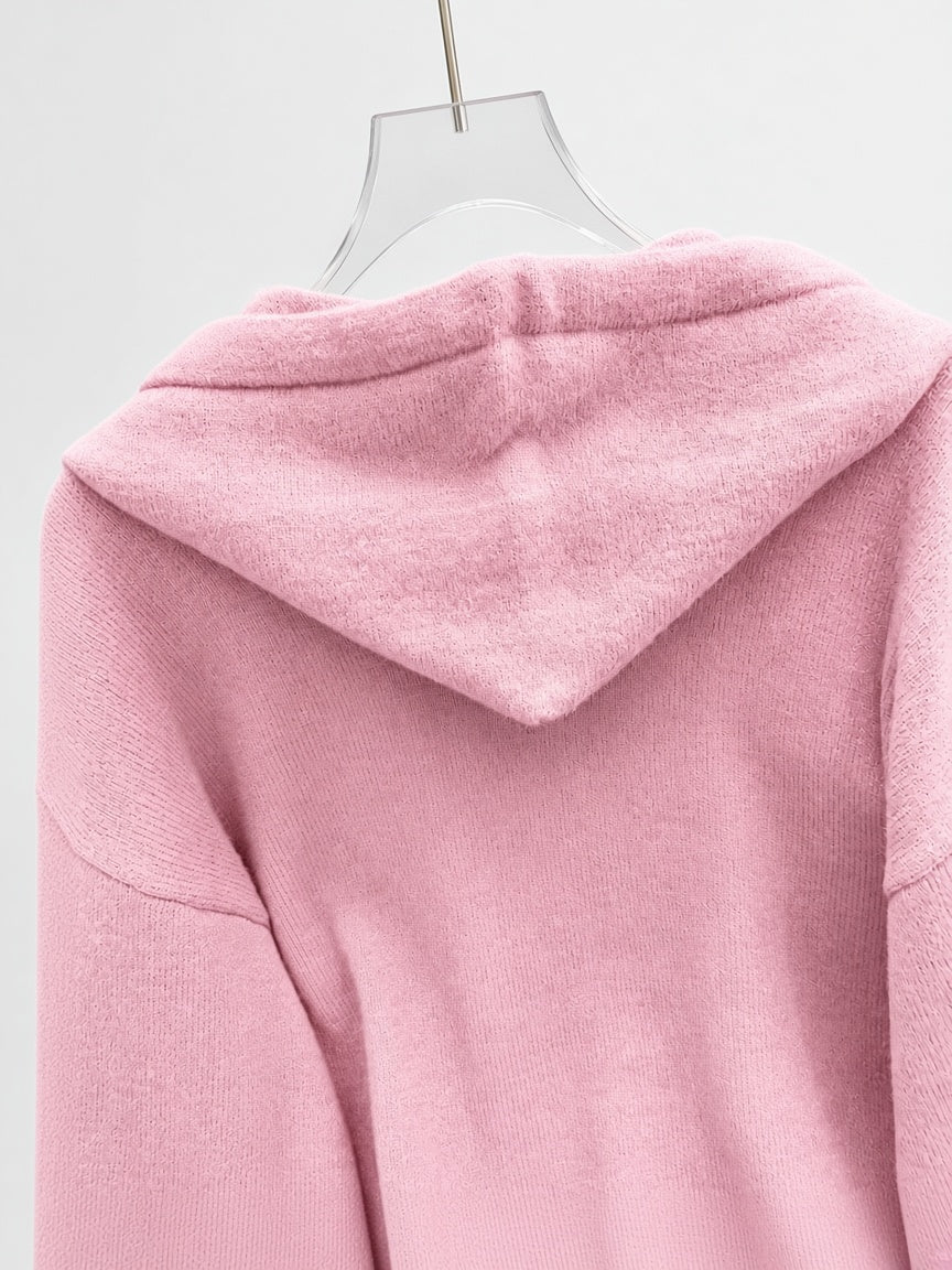 Women's Oversized Knitted Hooded Jumper with Drawstrings and Balloon Sleeves in Pink – Detail