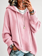 Women's Oversized Knitted Hooded Jumper with Drawstrings and Balloon Sleeves in Pink – Front View