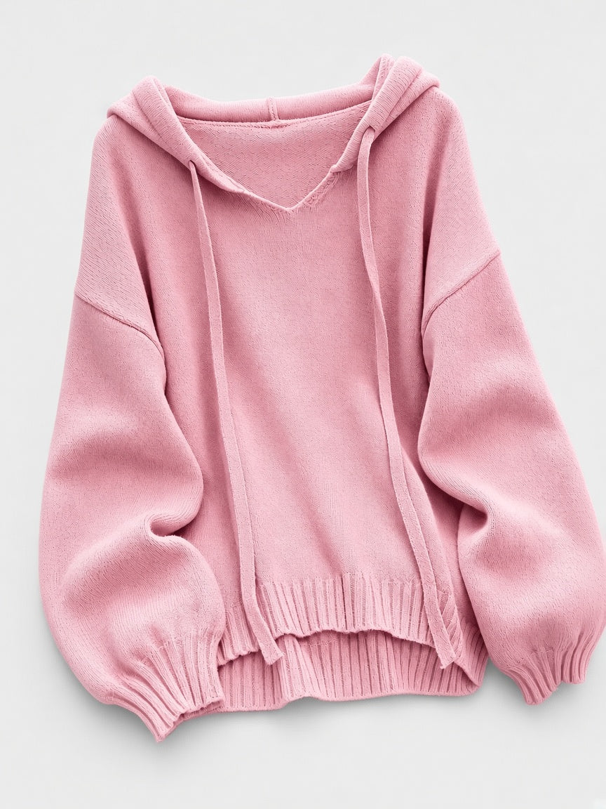 Women's Oversized Knitted Hooded Jumper with Drawstrings and Balloon Sleeves in Pink – Flat Lay