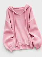 Women's Oversized Knitted Hooded Jumper with Drawstrings and Balloon Sleeves in Pink – Flat Lay