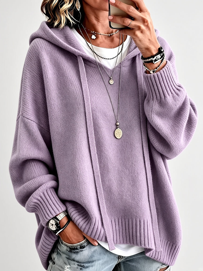 Women's Oversized Knitted Hooded Jumper with Drawstrings and Balloon Sleeves in Purple – Front View