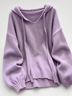 Women's Oversized Knitted Hooded Jumper with Drawstrings and Balloon Sleeves in Purple – Flat Lay