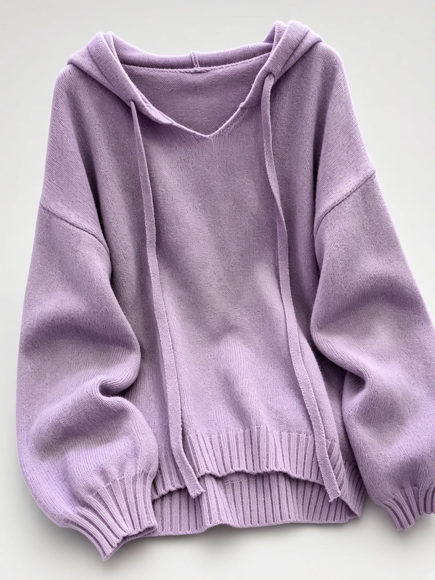 Women's Oversized Knitted Hooded Jumper with Drawstrings and Balloon Sleeves in Purple – Flat Lay