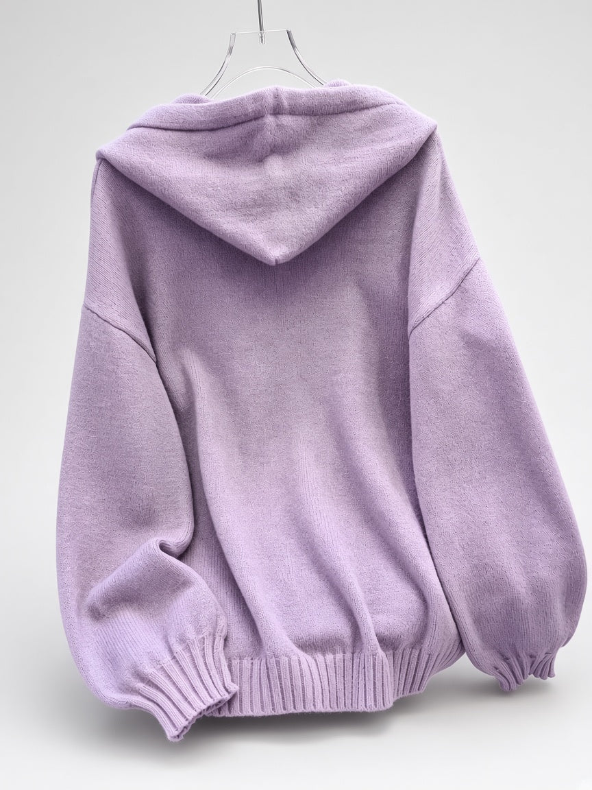 Women's Oversized Knitted Hooded Jumper with Drawstrings and Balloon Sleeves in Purple – Back View