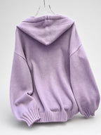 Women's Oversized Knitted Hooded Jumper with Drawstrings and Balloon Sleeves in Purple – Back View