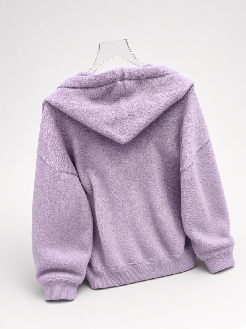 Women's Oversized Knitted Hooded Jumper with Drawstrings and Balloon Sleeves in Purple – Back View