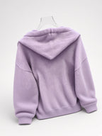 Women's Oversized Knitted Hooded Jumper with Drawstrings and Balloon Sleeves in Purple – Back View