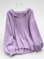 Women's Oversized Knitted Hooded Jumper with Drawstrings and Balloon Sleeves in Purple – Flat Lay