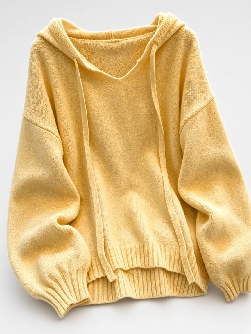 Women's Oversized Knitted Hooded Jumper with Drawstrings and Balloon Sleeves in Yellow – Flat Lay