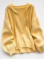 Women's Oversized Knitted Hooded Jumper with Drawstrings and Balloon Sleeves in Yellow – Flat Lay