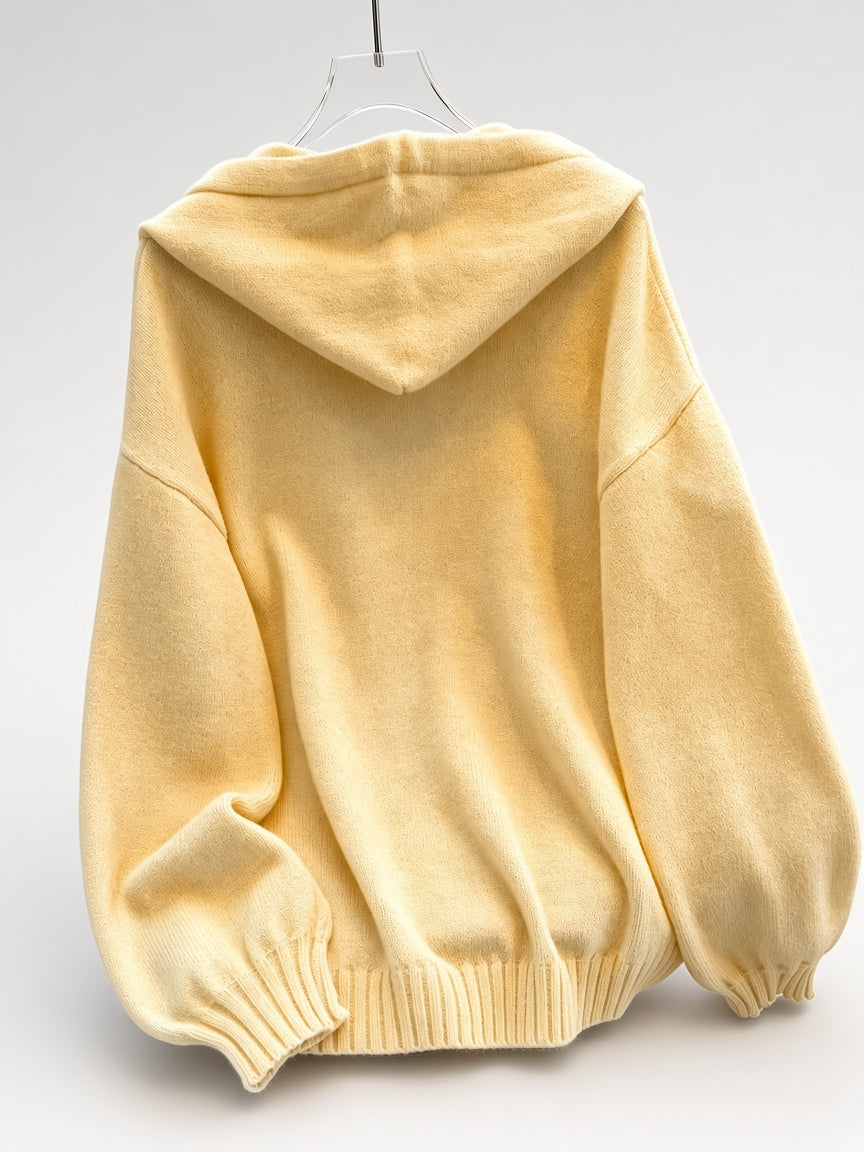 Women's Oversized Knitted Hooded Jumper with Drawstrings and Balloon Sleeves in Yellow – Back View