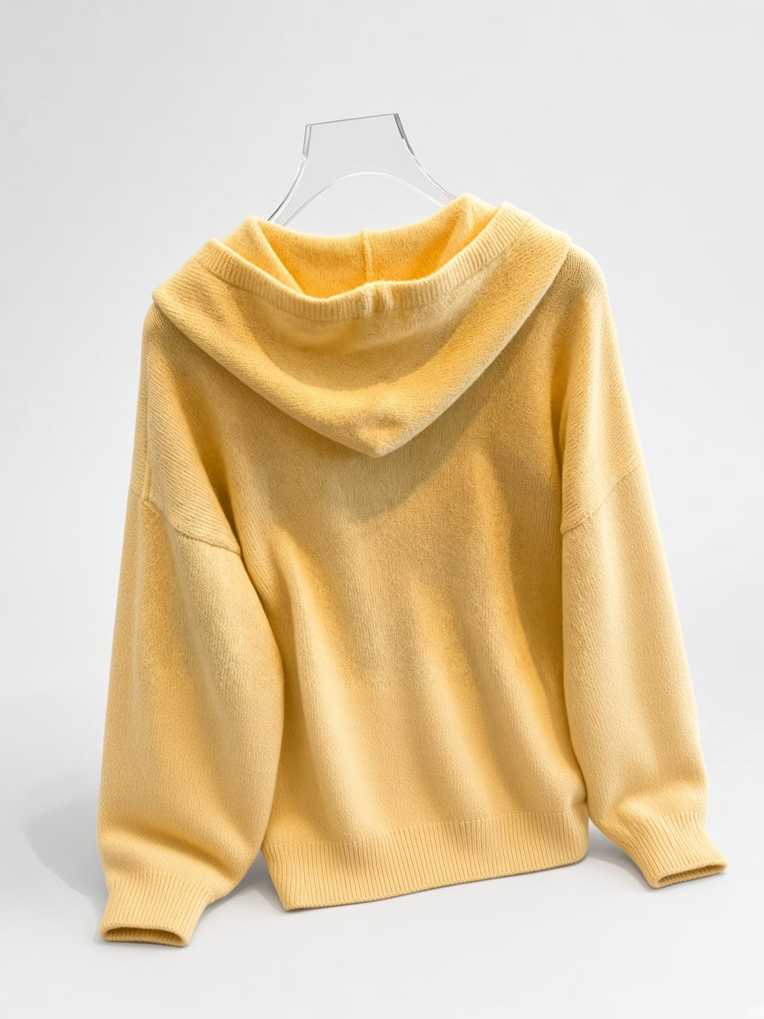 Women's Oversized Knitted Hooded Jumper with Drawstrings and Balloon Sleeves in Yellow – Back View