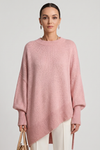 Women's Oversized Knitted Jumper with Crew Neck and Asymmetric Hem