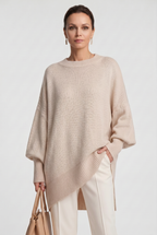 Women's Oversized Knitted Jumper with Crew Neck and Asymmetric Hem
