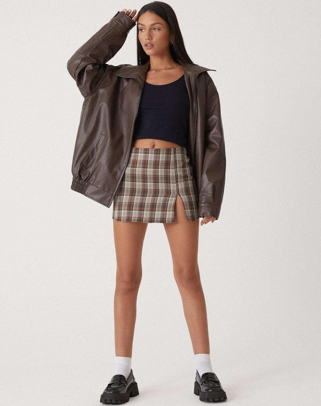 Women's Oversized Faux Leather Bomber Jacket with Zip Front
