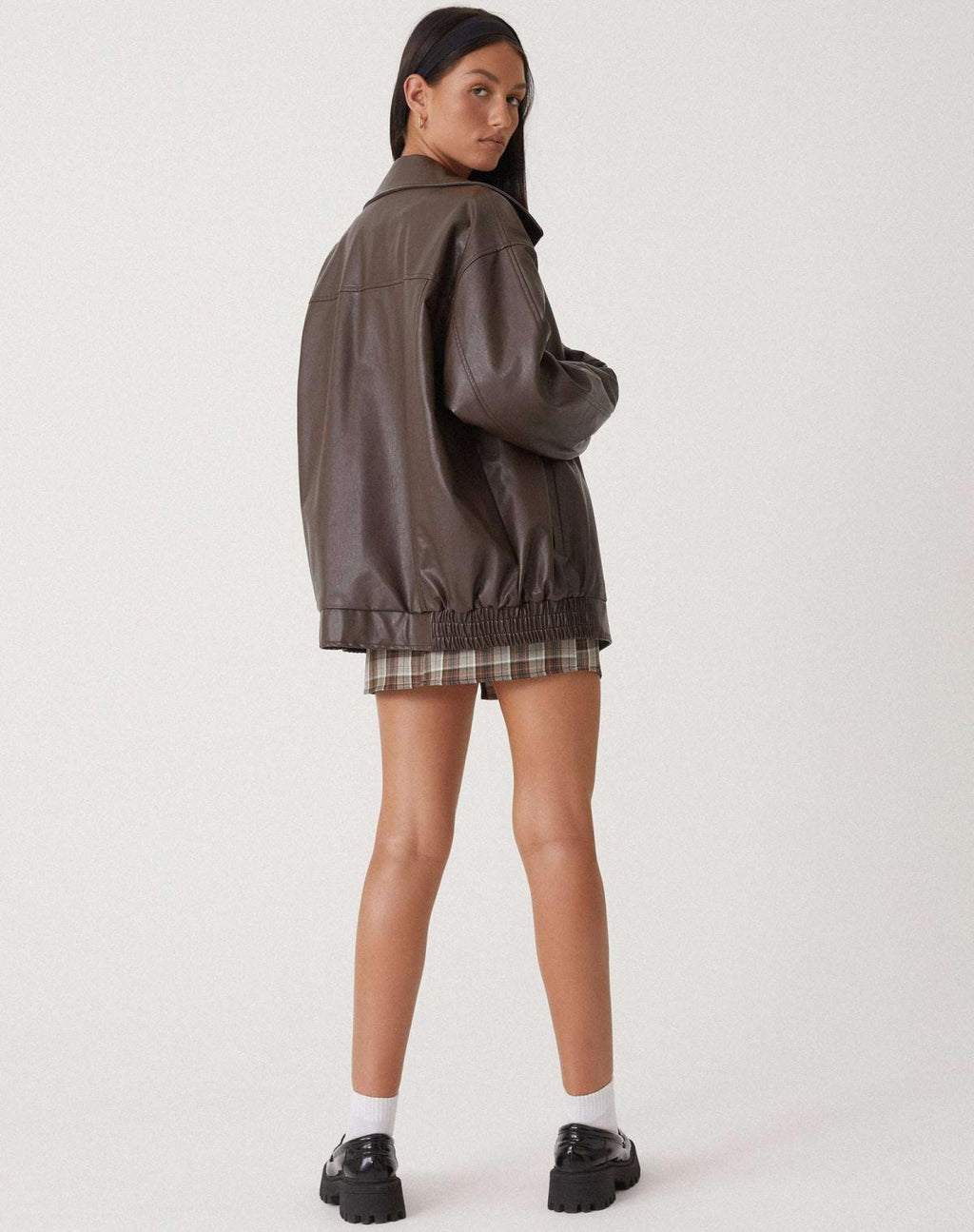 Women's Oversized Faux Leather Bomber Jacket with Zip Front