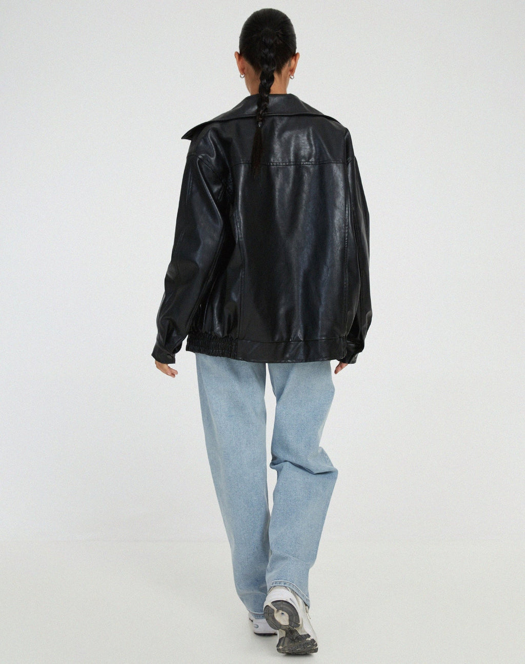 Women's Oversized Faux Leather Bomber Jacket with Zip Front