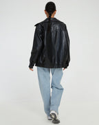 Women's Oversized Faux Leather Bomber Jacket with Zip Front