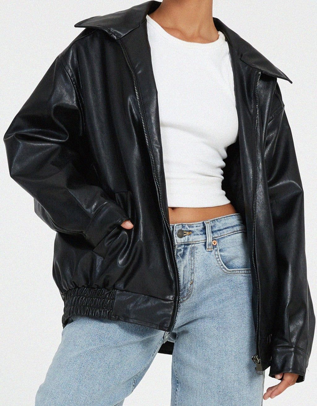 Women's Oversized Faux Leather Bomber Jacket with Zip Front