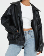 Women's Oversized Faux Leather Bomber Jacket with Zip Front