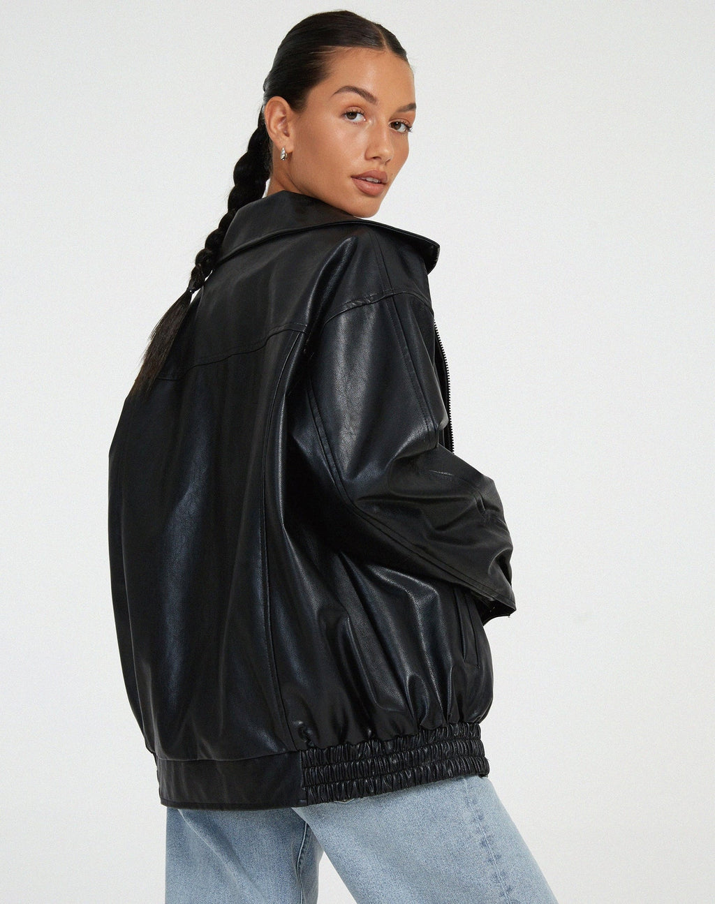 Women's Oversized Faux Leather Bomber Jacket with Zip Front