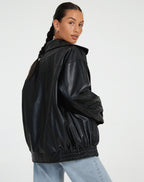 Women's Oversized Faux Leather Bomber Jacket with Zip Front