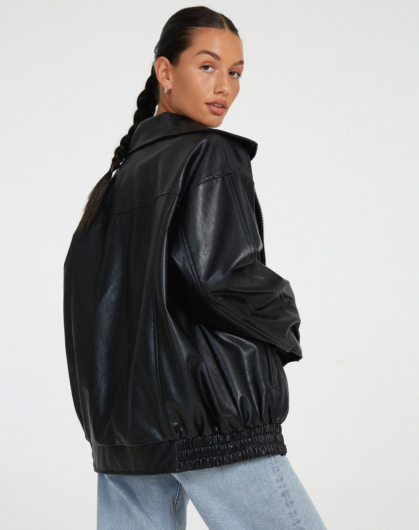 Women's Oversized Faux Leather Bomber Jacket with Zip Front