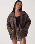 Women's Oversized Faux Leather Bomber Jacket with Zip Front