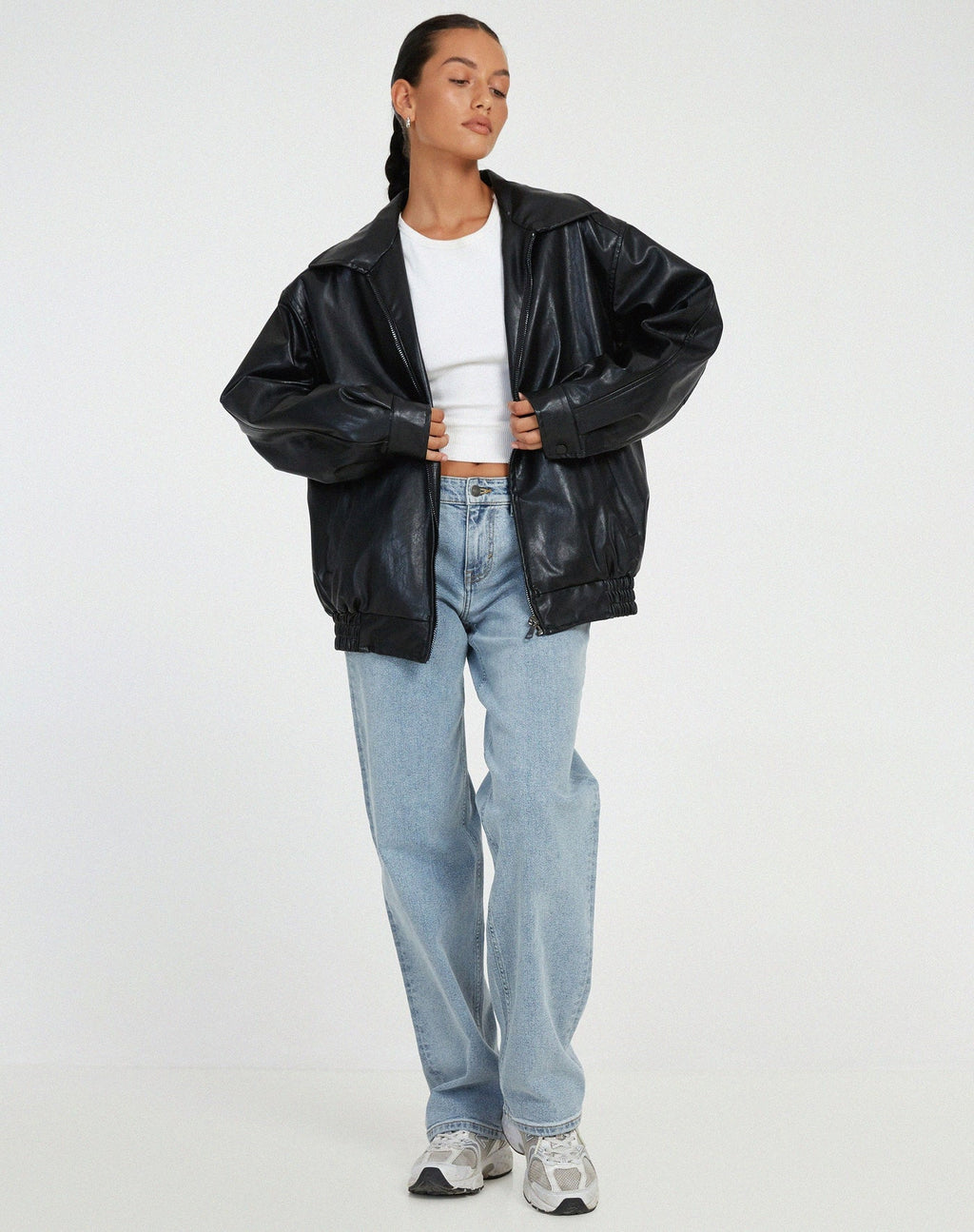 Women's Oversized Faux Leather Bomber Jacket with Zip Front