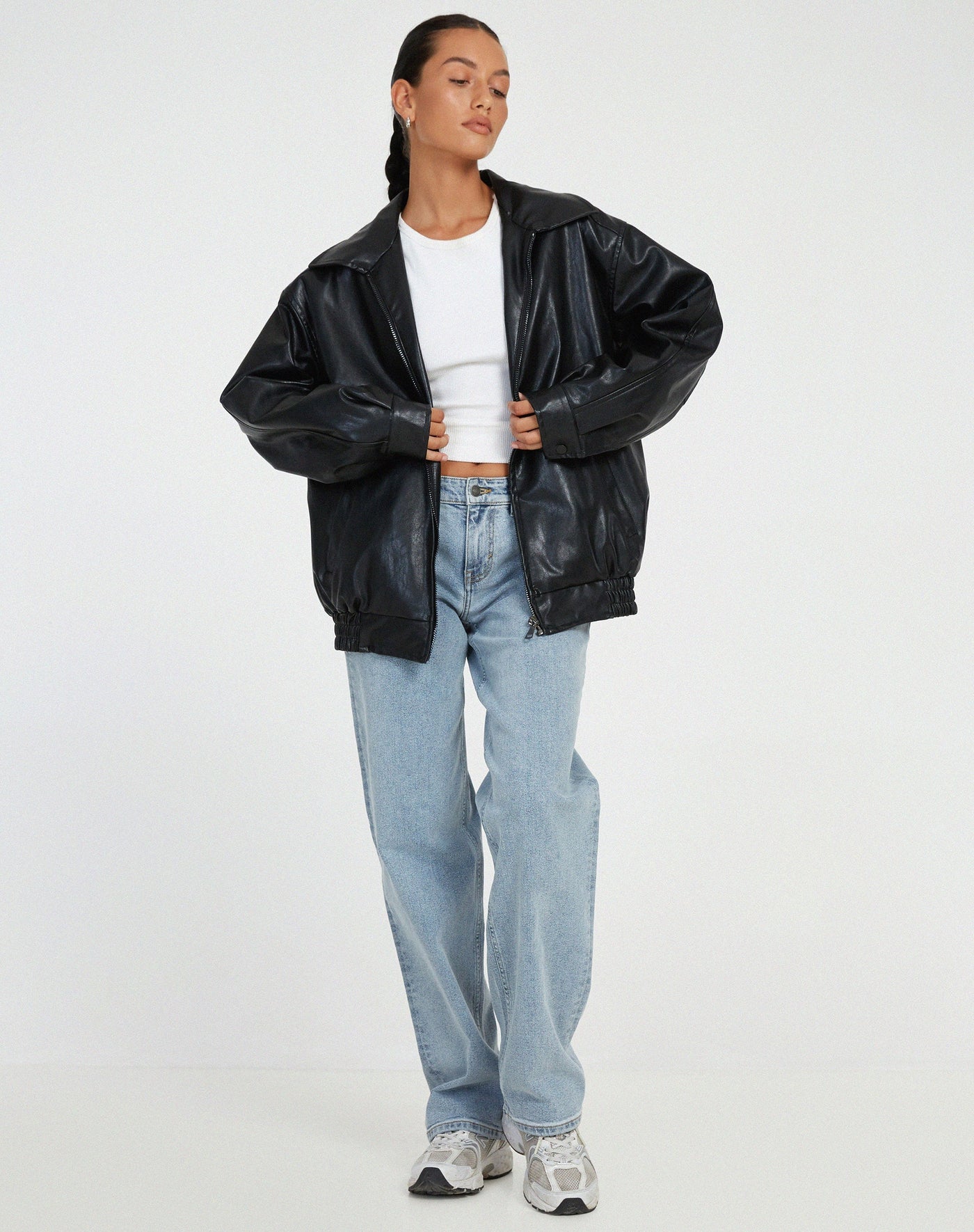 Women's Oversized Faux Leather Bomber Jacket with Zip Front