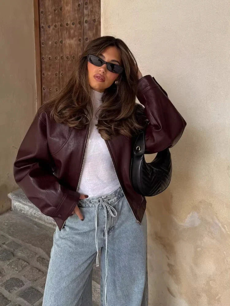Women's Oversized Faux Leather Jacket with Zip Front