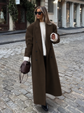 Women's Oversized Long Coat with Double Breasted Front and Notch Lapels in Brown – Front View