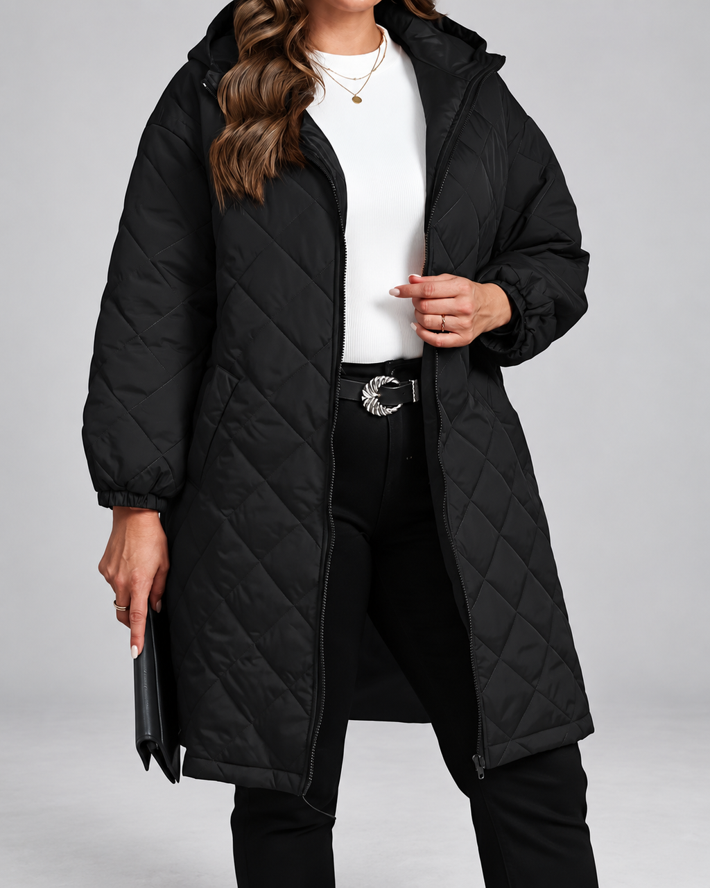 Women's Oversized Longline Quilted Coat with Hood and Zip Front