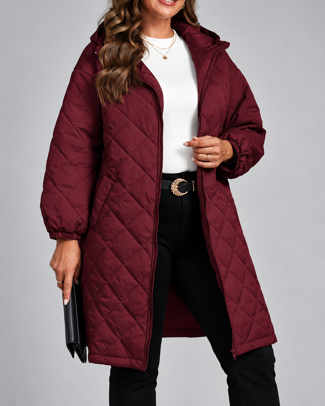 Women's Oversized Longline Quilted Coat with Hood and Zip Front