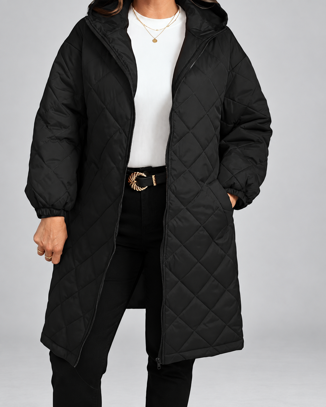 Women's Oversized Longline Quilted Coat with Hood and Zip Front