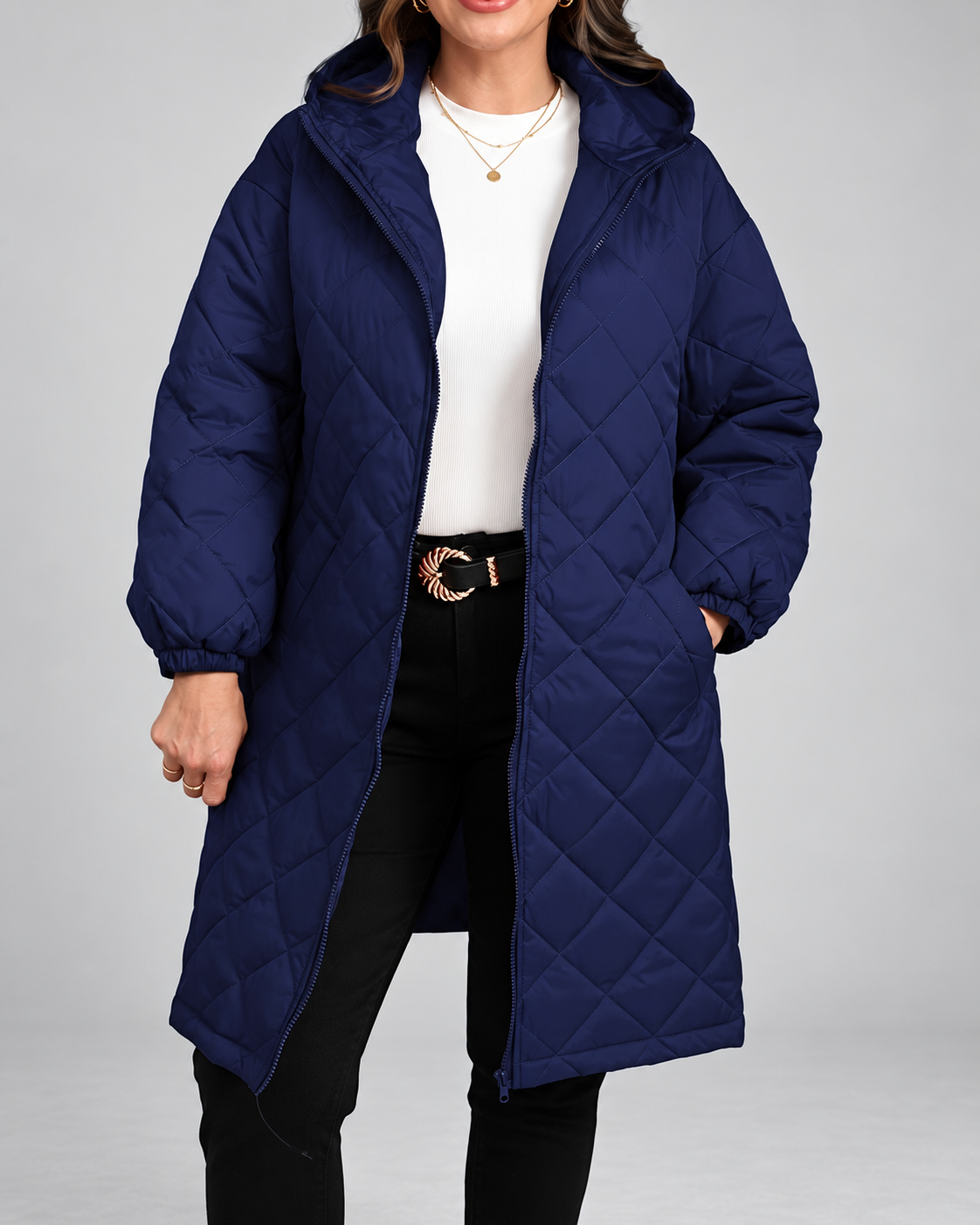 Women's Oversized Longline Quilted Coat with Hood and Zip Front