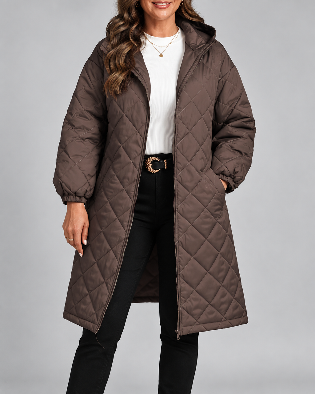 Women's Oversized Longline Quilted Coat with Hood and Zip Front