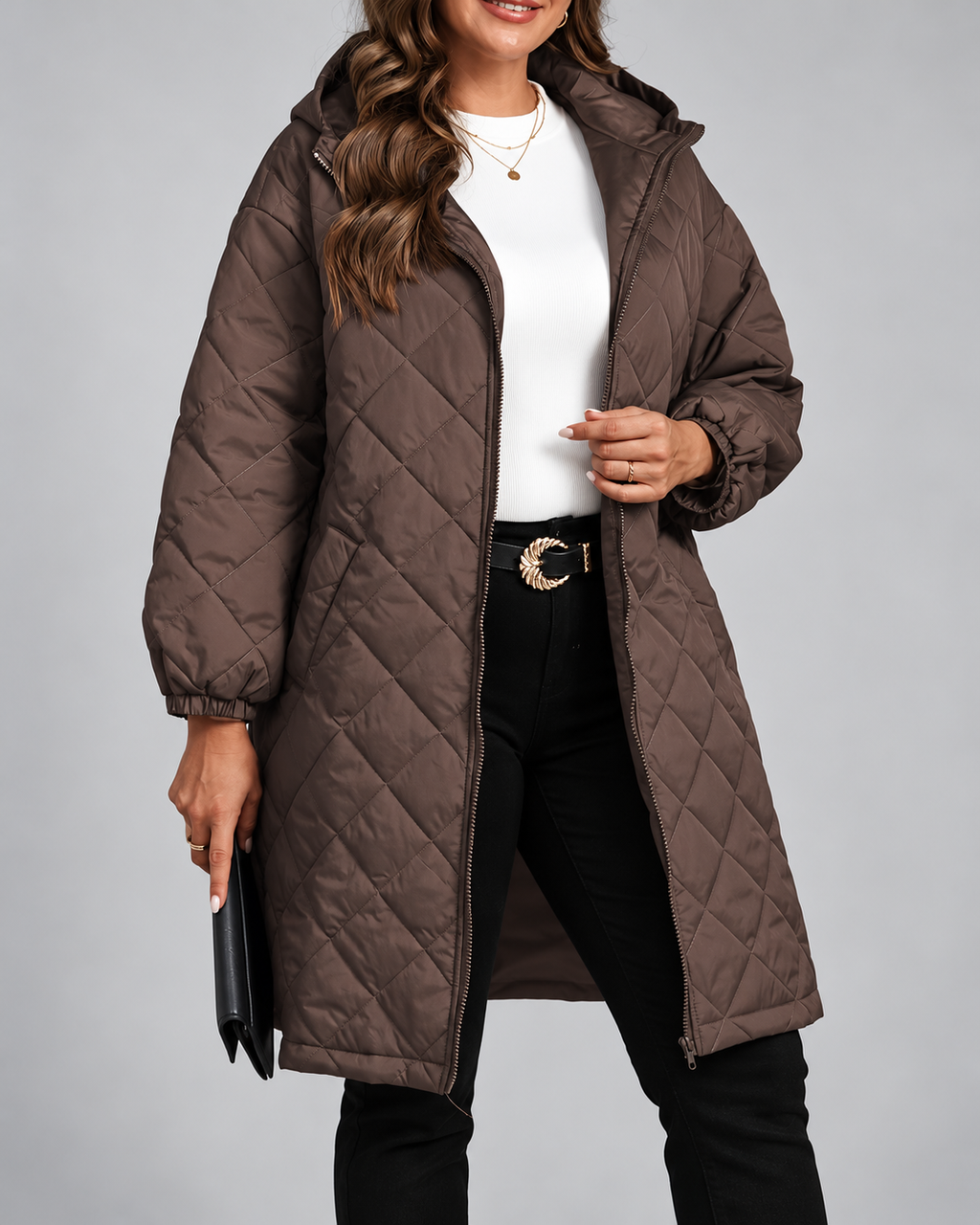 Women's Oversized Longline Quilted Coat with Hood and Zip Front