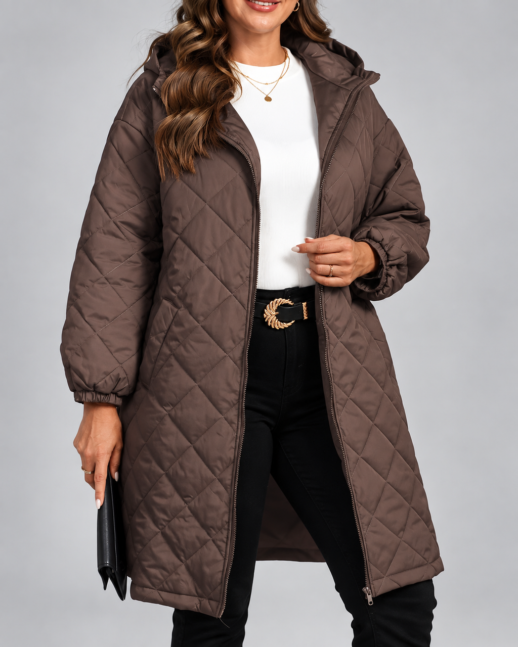 Women's Oversized Longline Quilted Coat with Hood and Zip Front