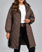 Women's Oversized Longline Quilted Coat with Hood and Zip Front