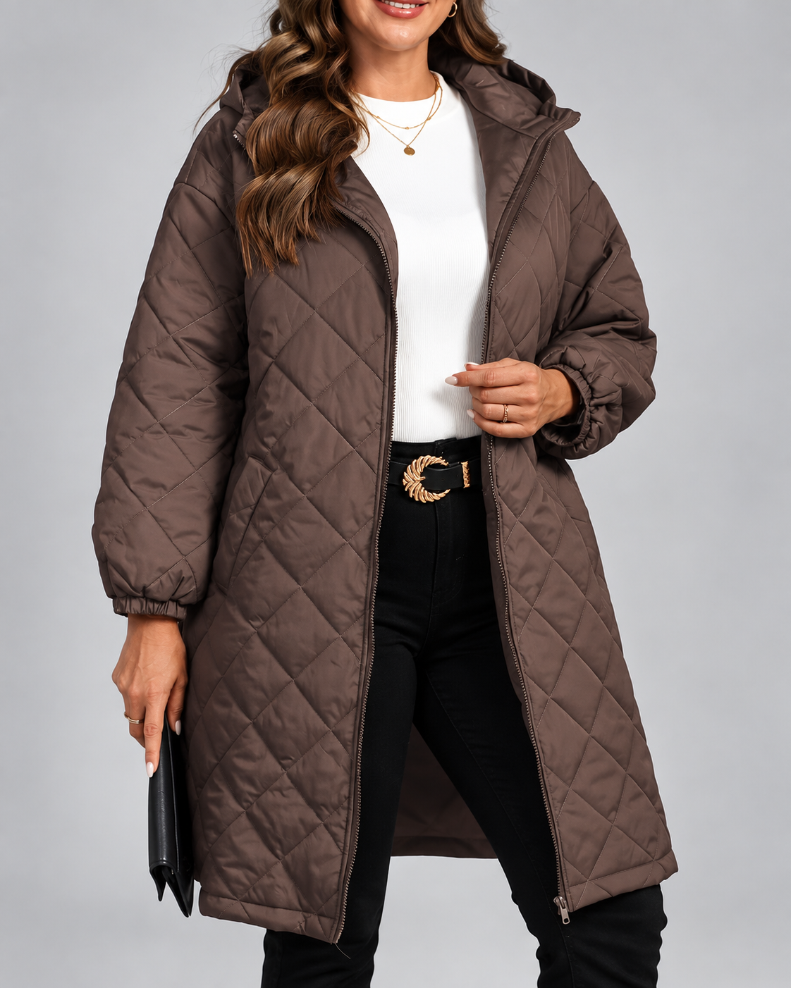 Women's Oversized Longline Quilted Coat with Hood and Zip Front