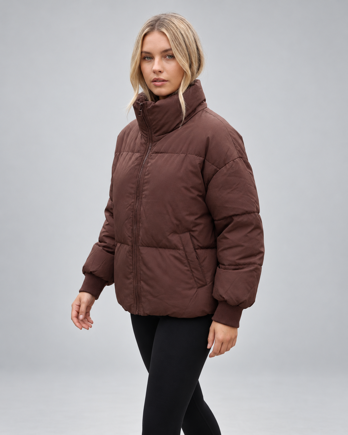Women's Oversized Padded Puffer Jacket with High Funnel Neck and Drawcord Hem